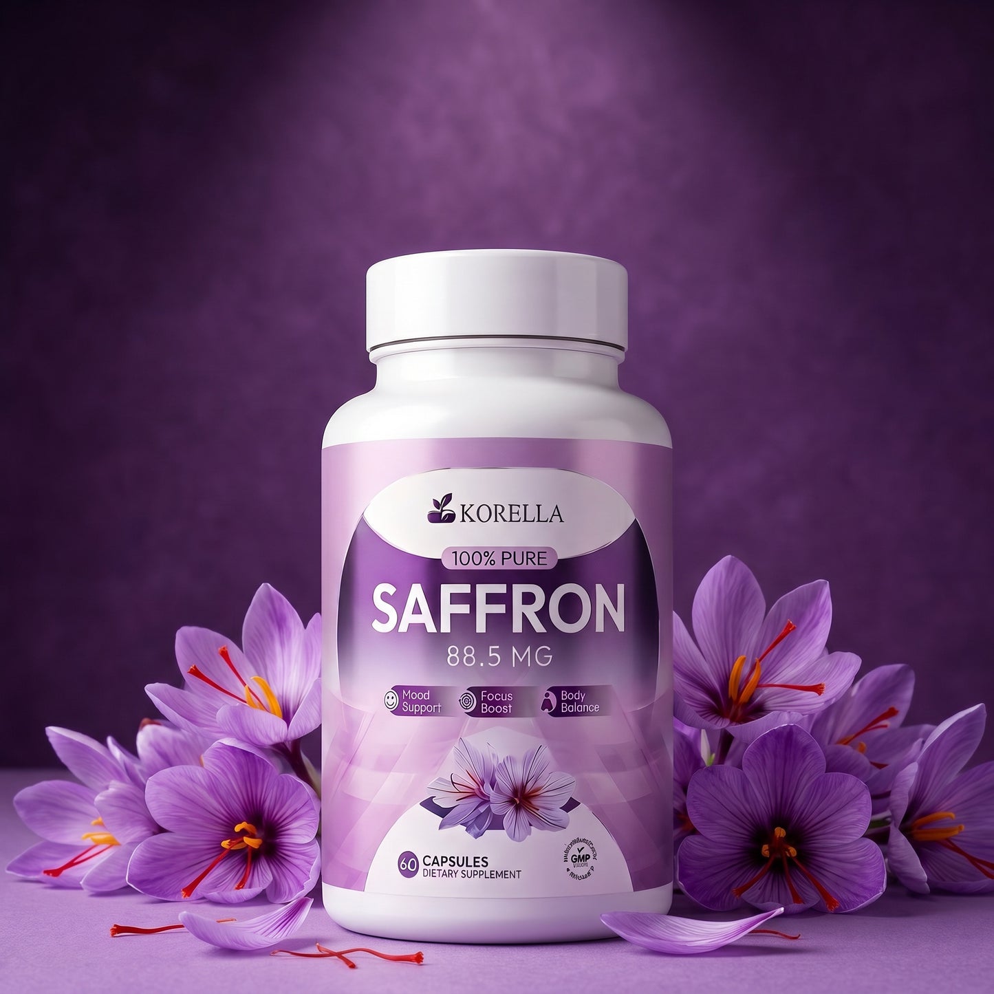 Korella Saffron Capsules with saffron flowers